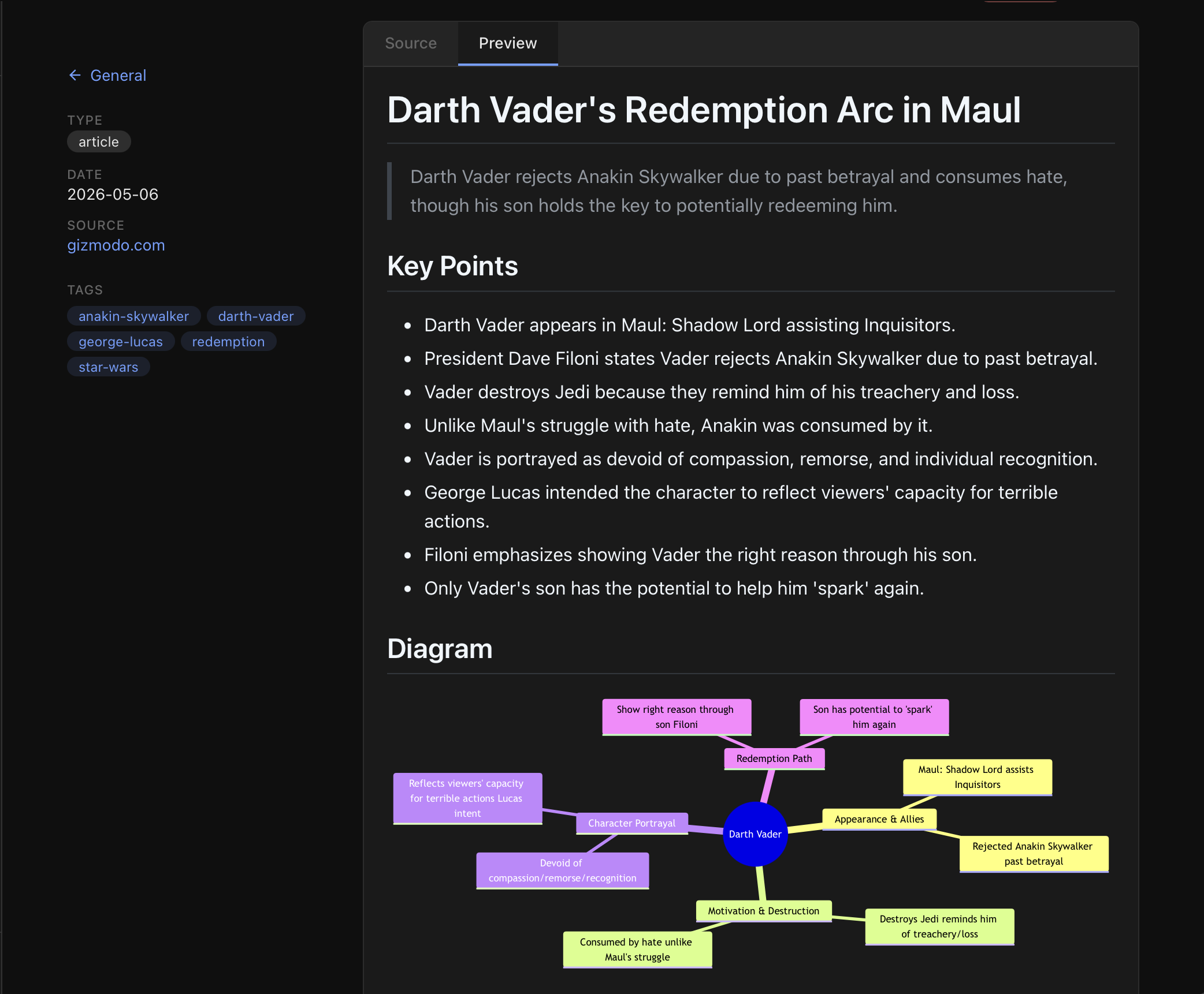 Cataloger.me notes view: markdown note with TL;DR and key points